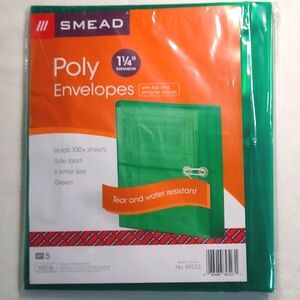 Smead Green Poly Envelopes 1 1/4" Side Load 5 Pack Tear Water Resistant Flap Tie
